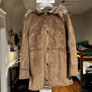 Braetan Brown Faux Suede Coat with Faux Fur Hood